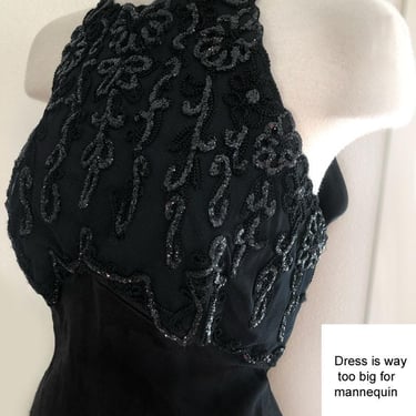 Long Black Evening Gown Slip Dress 1930's style Satin Beaded Designer Gown Vintage 1980's, 1990's NEAR MINT 
