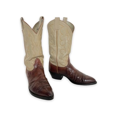 Vintage TONY LAMA 2-Tone Lizard Skin Cowboy Boots ~ 9 1/2 ~ Western / Rockabilly ~ Exotic ~ Black Label 