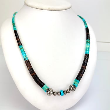 Vintage Navajo Graduated Heishi Turquoise Necklace Stamped Sterling Silver Clasp 23