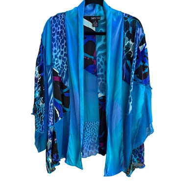 Simply Silk Vintage Womens Blue Animal Print Semi Sheer Silk Blend Kimono Jacket