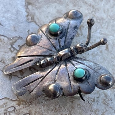 Vintage Mexico Sterling Silver Small Butterfly Pin / Brooch with Stone Cab Highlights on Wings c. 1940s 