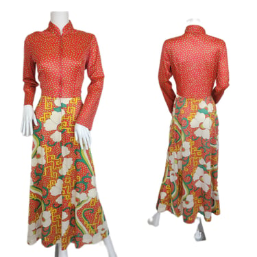 Vanity Fair 1970's Red Polka Dot Nylon Loungewear Dress Robe I Sz Med I Abstract MOD Print 