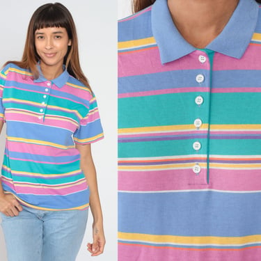 Multicolored Striped Polo Shirt 90s Jantzen T-Shirt Collared Tee Short Sleeve Half Button up Pink Blue Green Yellow Vintage 1990s Medium M 