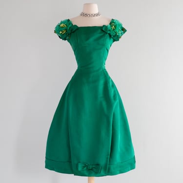 Stunning 1950's Emerald Green Harvey Berin Demi Couture Silk Party Dress / SM