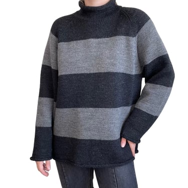 Vintage Mens J Crew Wool Gray Black Striped Mock Neck Chunky Knit Sweater Sz M 