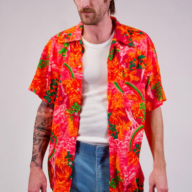 Vintage Neon Hawaiian Shirt With Rainbows and Palm Trees 70s Pomare Tahiti Short Sleeve Button Down Barkcloth Shirt 
