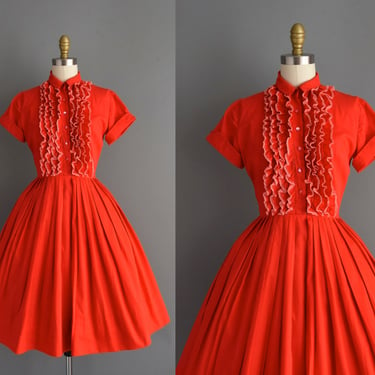 1950s vintage dress | Jonathan Logan Candy Apple Red Cotton Shirtwaist Dress | XS Small | 50s dress 