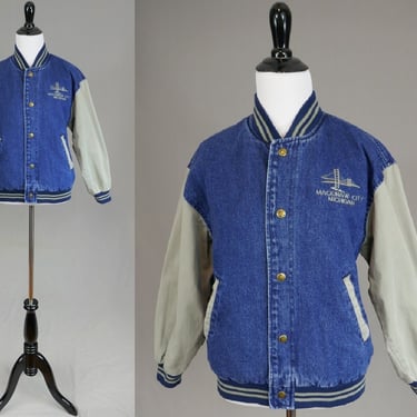 90s Mackinaw City Michigan Jacket - Blue Jean Denim Gray Sleeves - Embroidered Mackinac Bridge - Luna Pier - Vintage 1990s - M 