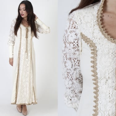 Jute Lace Up Corset Maxi Dress / Renaissance Faire Style Clothing / Vintage 70s Prairie Wedding / Muslin Homespun Porch Gown 