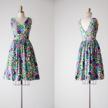 green floral dress | 50s 60s vintage Best & Co. blue green purple cotton sleeveless cottagecore fit and flare summer sun dress 