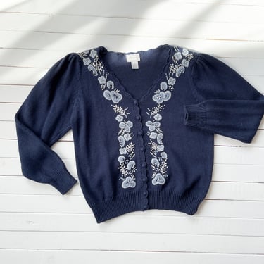 cute cottagecore sweater 80s 90s vintage navy blue floral embroidered granny cardigan 