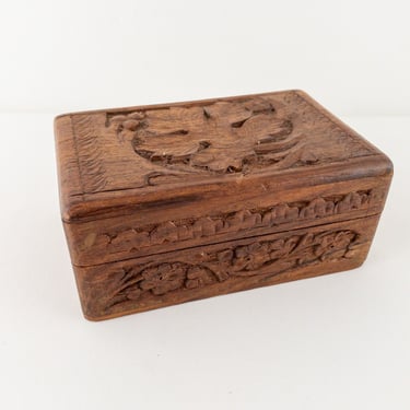 Vintage Carved Wood Box, Hand Carved Sheesham Wood Jewelry Box with Floral and Leaf Design, Handmade in India 