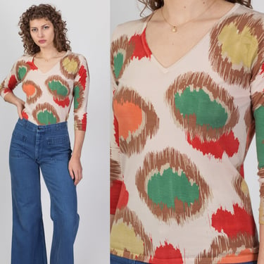 Small Y2K Silk Knit Earth Tone Pattern Blouse | Vintage V Neck Slouchy Long Sleeve Top 