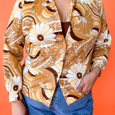 1970s Brown Psychedelic Floral Shirt, sz. XL