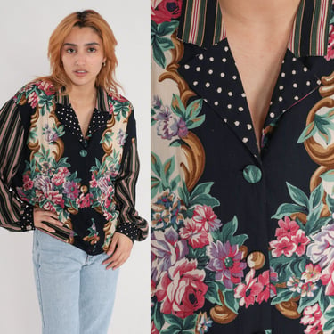 90s Button Up Shirt Floral Blouse Striped Balloon Sleeve Rayon Long Sleeve Top Grunge Boho 1990s Vintage Bohemian Large 