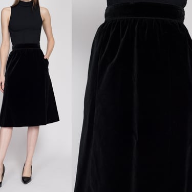 XS 70s Black Velvet Midi Skirt 24.5" | Vintage High Waisted A Line Pocket Skirt 