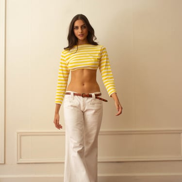 Early 1970s Yellow Striped Cotton Bateau Crop Top 