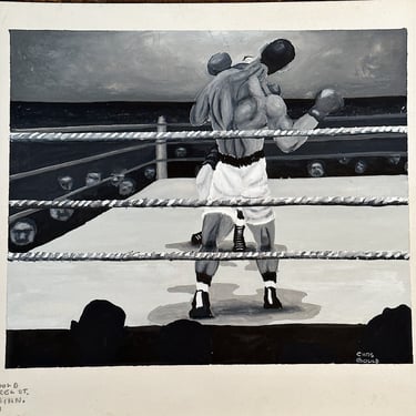 1960s Boxing Match Painting - Vintage Illustration Art - Charles Gould - Black and White Oil on Board - Sports Artwork - Minnesota Artist 