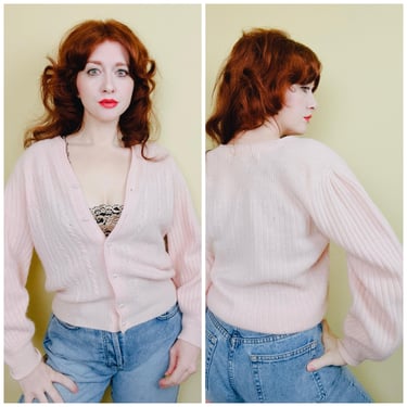 1980s Vintage Victoria Jones Lambswool Baby Pink Cardigan / 80s Button Closure Angora Ribbed Puffed Sleeve Sweater / Small 