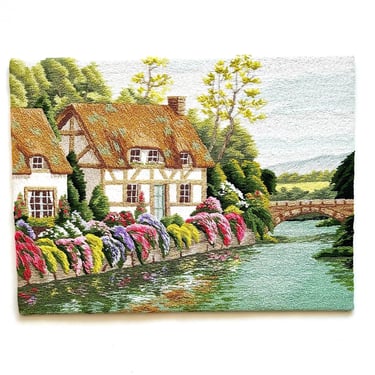 Vintage 70s Embroidered Cottage Artwork 1970s Japanese Bunka Garden House Wall Decor French  Countryside Home Wall Hanging 