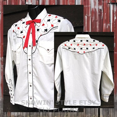 Ely Plains Vintage Western Men Cowboy Rodeo Shirt Embroidered Hearts Spades Clubs Diamonds, 15.5-33, Approx. Medium (see meas. photo) 