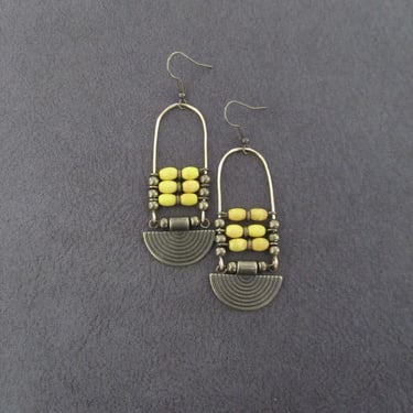 Yellow magnesite stone and bronze, ethnic statement earrings, bold earrings, bohemian boho chic earrings 
