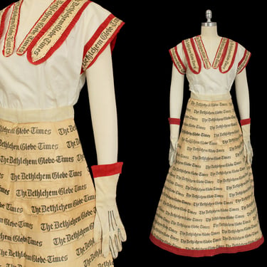 RARE Folk Art Dress / 1940s Newspaper Fancy Dress Costume / 3 Piece Blouse Skirt and Gloves 