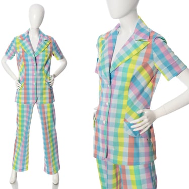 Vintage 1970s Pant Suit | 70s Pastel Checkered Plaid Polyester Short Sleeve Jacket Top High Waisted Wide Leg Two Piece Lounge Set (medium) 