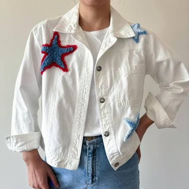 vintage jacket white red blue star sail boat jean jacket cotton minimalist 90s retro style women jacket cropped size M 