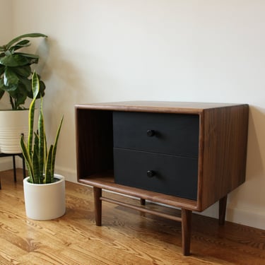 Walnut and Leather Nightstand and Side Table