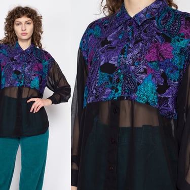Medium 90s Sheer & Abstract Paisley Print Blouse | Vintage Grunge Long Sleeve Collared Button Up Top 