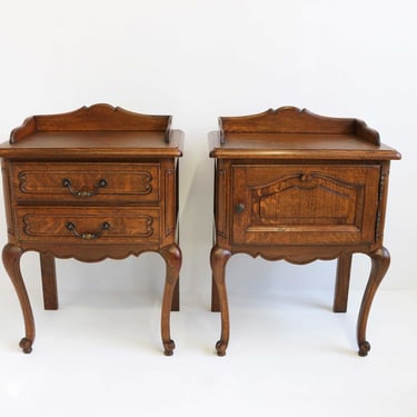 Couple Louis XV Style Bedside Tables Set of 2 French Provincial Nightstands Oak Side Tables Pair Hand Carved Wooden Cabinets Midcentury 60s 