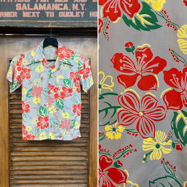 Vintage 1940’s Original Atomic Floral Silky Rayon Hawaiian Shirt, Youth Size, Loop Collar, 40’s Vintage Clothing 