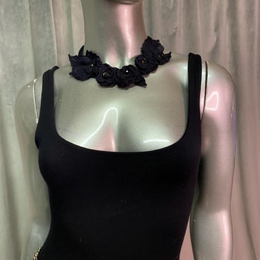 Vintage Crochet Necklace Black Flower Knit Choker 