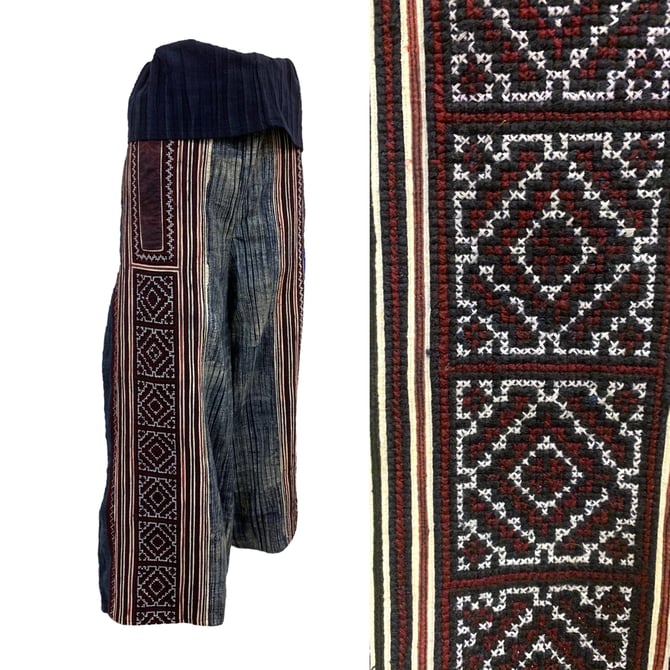 Vtg Vintage 1970s 70s Traditional Hmong Paper Bag Waist Blue Thia Pants 