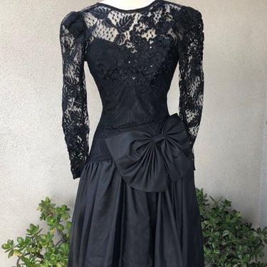 Vintage 80s Niki black lace taffeta evening dress big bow sz 3/4 