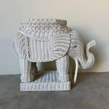 Vintage Boho Chic Coastal Woven Wicker Elephant Side Table,  Plant Stand 