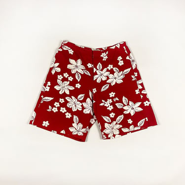 90s / Y2K Miu Miu Hawaiian Print Board Shorts / Bermuda / Bungee / Beach / Small / Floral / Hibiscus / Red and White / Bold Print / 