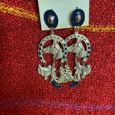 1980s earring, statement, vintage novelty earrings, pierced, horse, saddle, pistol, brass and enamel, gold and black, chandelier, western 