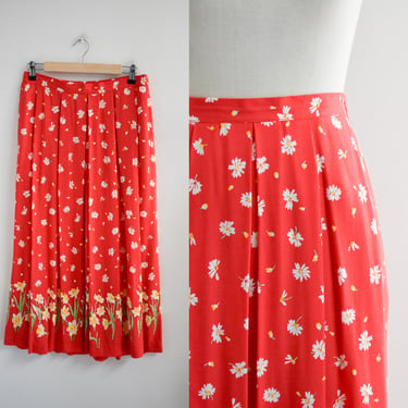 1990s Vivid Coral and White Floral Midi Skirt 