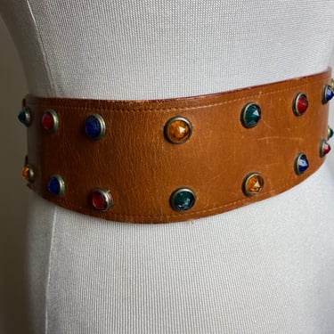 40’s 50’s women’s belt wide leather mahogany brown with double brass buckles~ studded gemstone look~ pinup rockabilly western XSM 