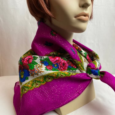 Vintage wool like scarf magenta pink floral print Large head scarf shawl collar look bright colorful colors silver metallic square 
