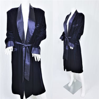 Men's 1950's Midnight Blue Rayon Velvet Dressing Gown Robe I Sz Med I Sz 42