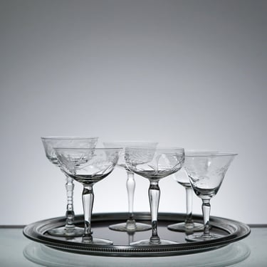 Mismatched vintage champagne coups, mismatched glasses, vintage glasses vintage cocktail, boho wedding glasses, etched glass 