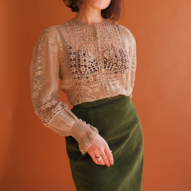 Vintage 70s Crochet Lace Blouse with Mutton Sleeves 