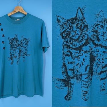 Vintage 80s Hanes Fifty-Fifty Large Blue Single Stitch Tabby Cat Double Sided Print T-Shirt 