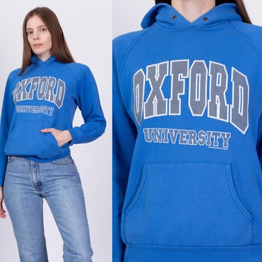 90s Oxford University Hoodie - Small | Vintage Blue Graphic Hooded College Sweatshirt 