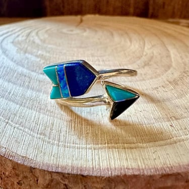 BLUE SPIRIT ARROW Micro Inlay Ring | Sterling Silver Turquoise Opal Jet| Southwestern Jewelry | Zuni Made | Adjustable 