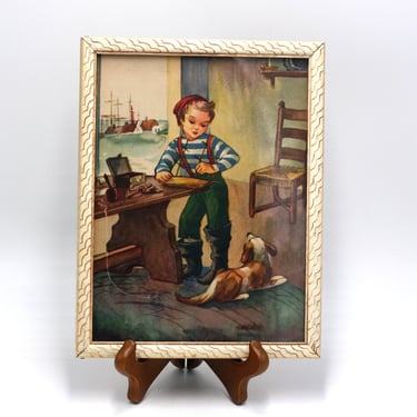 vintage Print Small Boy with Boat Coastal Decor 