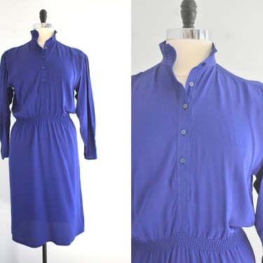 1980s Oleg Cassini Blue Silk Dress 